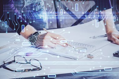 Teknoloji ikonlarıyla insan yazmak. - Evet. Çifte maruziyet. Ağ ve veri kavramı.