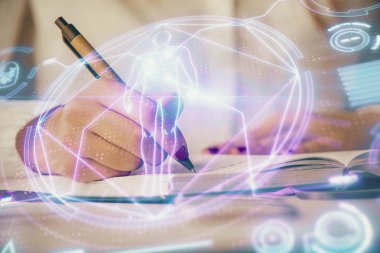 Eğitim temalı hologram, kadınların el yazısı üzerine. Öğrenim anlayışı. Çift pozlama