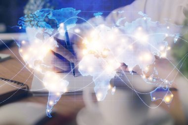 Uluslararası iş kadın ellerini arka plan yazma üzerinde HUD. Zor iş kavramı. Çift Pozlama