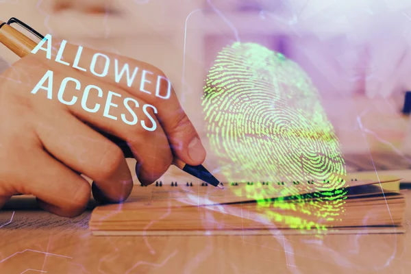 Begreppet framtiden för säkerhet och lösenordskontroll genom avancerad teknik. Fingeravtrycksläsning ger säker åtkomst med biometrisk identifiering. Multiexponering. — Stockfoto