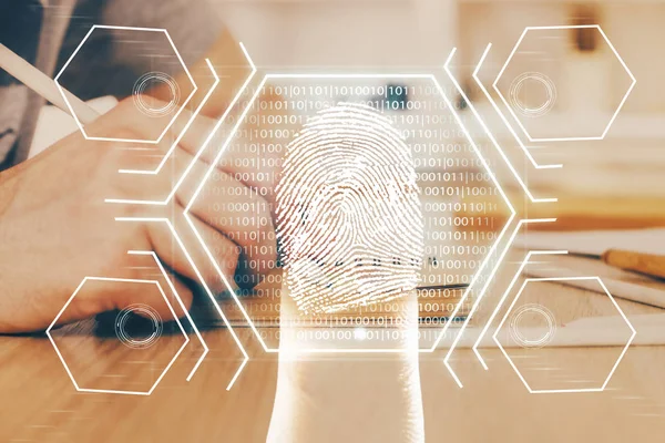 Concept of the future of security and password control through advanced technology. Fingerprint scan provides safe access with biometrics identification. Multi exposure.