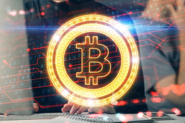 Hologramm zum Thema Kryptowährung mit einem Geschäftsmann, der am Computer im Hintergrund arbeitet. Blockchain-Konzept. Doppelbelastung. — Stockfoto