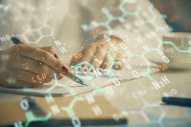 Fen formülü hologramı, kadınların ellerinin altyapısını belirler. Öğrenim anlayışı. Çoklu pozlama