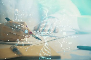 Kadınların el yazısı üzerine DNA temalı hologram. Eğitim kavramı. Çift pozlama