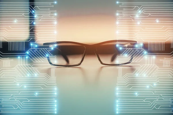 Technický hologram s brýlemi na pozadí stolu. Technologický koncept. Dvojitá expozice. — Stock fotografie