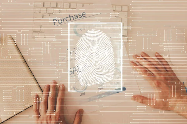 Concept of the future of security and password control through advanced technology. Fingerprint scan provides safe access with biometrics identification. Multi exposure.