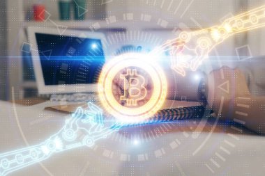 Kripto para birimi hologramı, notlar alan ellerin üzerinde arka plan. Blockchain kavramı. Çoklu pozlama