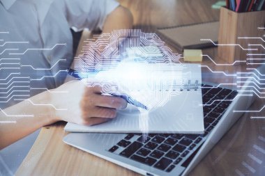 Arka planda beyin hologramıyla el yazısına çok maruz kalmış. Kendi kendine öğrenme kavramı.