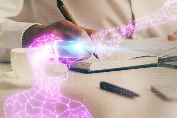 Abstract man wearing augmented reality headsets computer work with writing human background. AR concept. Double exposure. — Stock Photo, Image