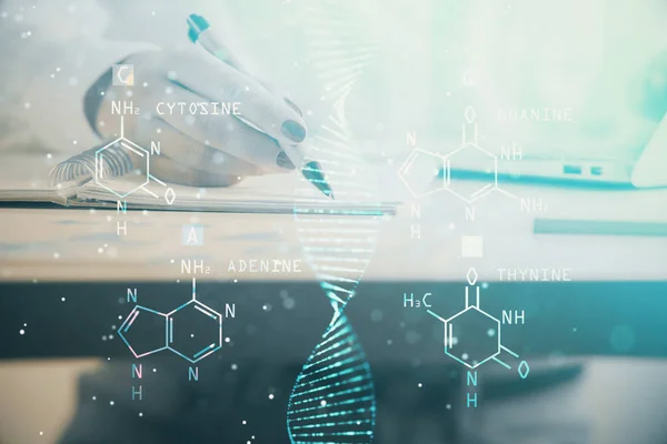 Hologram s tématem DNA na ženských rukou, který píše pozadí. Pojem vzdělání. Dvojitá expozice — Stock fotografie