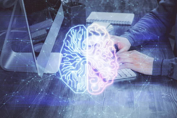 Man typing on keyboard background with brain hologram. Concept of big Data. Double exposure.
