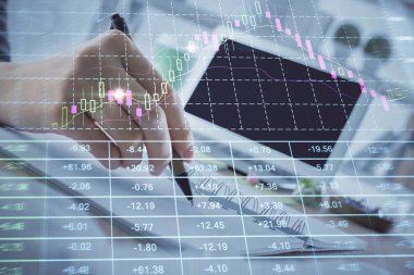 Finansal Forex grafiği el notları arka plan alarak çizilmiş. Araştırma kavramı. Çoklu pozlama