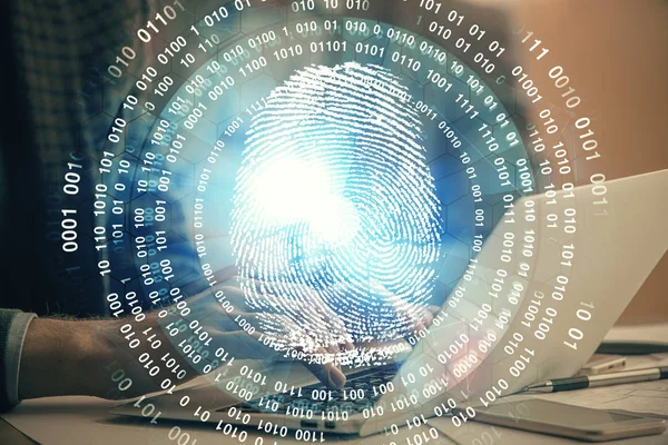 背景にコンピュータ上で働くビジネスマンと指紋ホログラム。セキュリティの概念。二重露光. — ストック写真