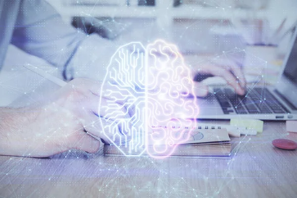 Hombre escribiendo en el fondo del teclado con holograma cerebral. Concepto de big data. Doble exposición. —  Fotos de Stock