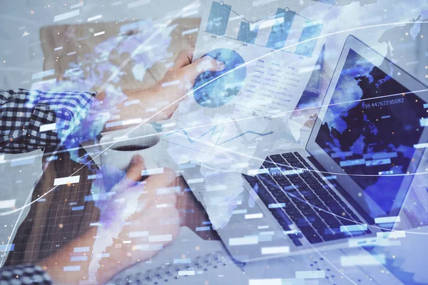 Multi exposure of technology hologram with man working on computer background. Concept of big data. — Stock Photo, Image