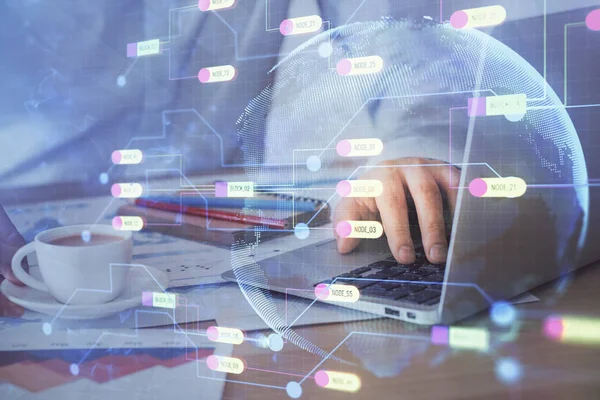 Double exposure of data internet theme hologram with man working on computer on background. Concept of innovation. — Stock Photo, Image