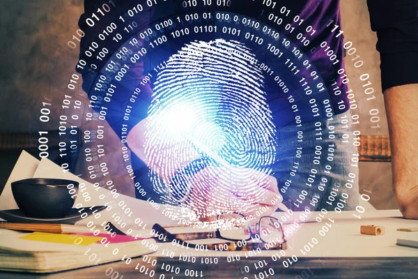 Concept of the future of security and password control through advanced technology. Fingerprint scan provides safe access with biometrics identification. Multi exposure.