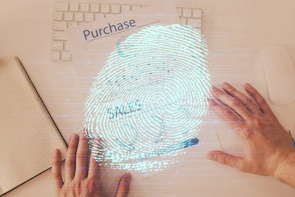 Concept of the future of security and password control through advanced technology. Fingerprint scan provides safe access with biometrics identification. Multi exposure.