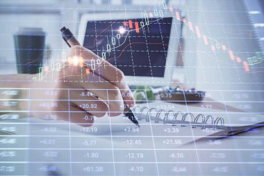 Finansal Forex grafiği el notları arka plan alarak çizilmiş. Araştırma kavramı. Çoklu pozlama