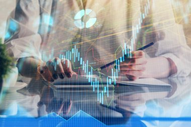 Finansal Forex grafiği el notları arka plan alarak çizilmiş. Araştırma kavramı. Çift Pozlama