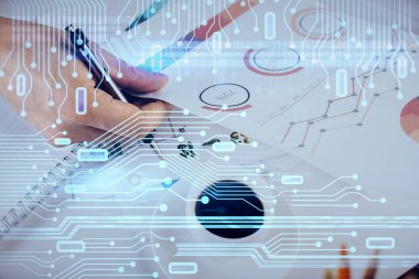 Teknoloji simgeleriyle insan eli yazmak.