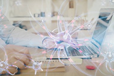 Nöron hologramı, arka planda bilgisayarla çalışan bir adam. Eğitim konsepti. Çift pozlama.