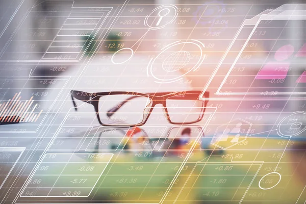 Data tech hologram with glasses on the table background. Concept of technology. Double exposure. — Stock Photo, Image