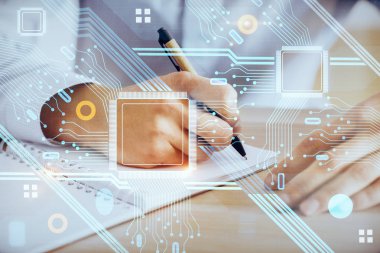 Teknoloji simgeleriyle insan eli yazmak.