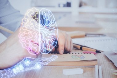 Erkek eli arka planına sahip beyin çoklu pozlama simgesi.