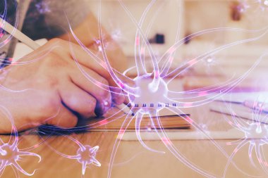 Birbirine bağlı nöron hücreleri, ışık saçan halka düğümleriyle elektrik darbeleriyle, insan geçmişiyle.