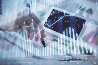 Finansal Forex grafiği el notları arka plan alarak çizilmiş. Araştırma kavramı. Çoklu pozlama