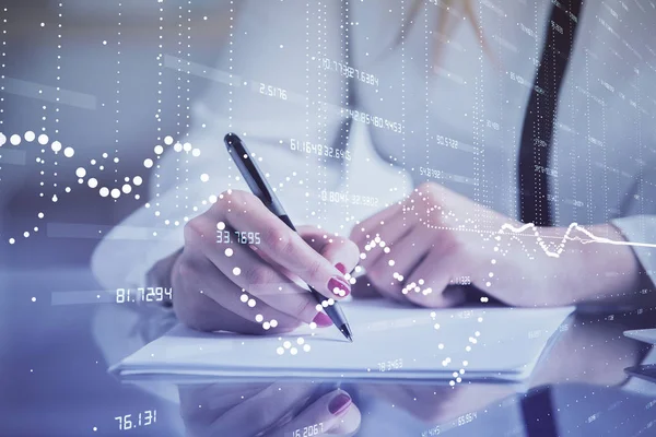 Multiexposure van de schrijfhand van de vrouw op de achtergrond met data technologie hud. Definitie van big data. — Stockfoto