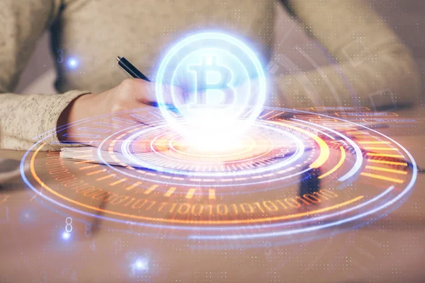 Cryptocurrency hologram över kvinnans händer skriva bakgrund. Begreppet blockchain. Multiexponering — Stockfoto