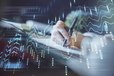 Finansal Forex grafik eller notları arka plan alarak görüntülenir. Araştırma kavramı. Çoklu pozlama