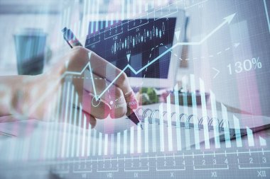 Finansal Forex grafiği el notları arka plan alarak çizilmiş. Araştırma kavramı. Çoklu pozlama