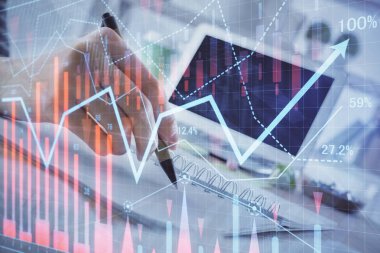 Finansal Forex grafiği el notları arka plan alarak çizilmiş. Araştırma kavramı. Çoklu pozlama