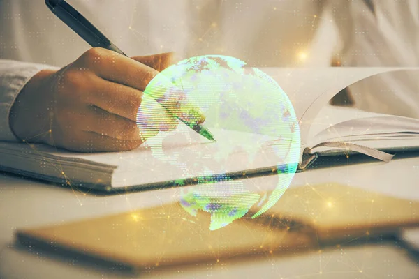 Social network theme hologram over hands taking notes background. Concept of global international people connect. Double exposure — Stock Photo, Image