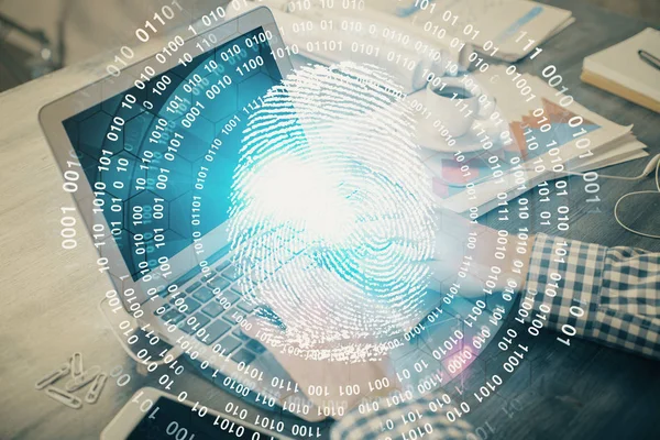 Holograma de huellas dactilares con hombre de negocios trabajando en la computadora en segundo plano. Concepto de seguridad. Doble exposición. —  Fotos de Stock