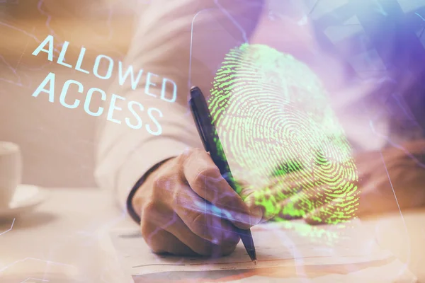 Fingeravtrycksläsning ger säker åtkomst med biometrisk identifiering, koncept för framtiden för säkerhet och lösenordskontroll genom avancerad teknik. Dubbel exponering. — Stockfoto