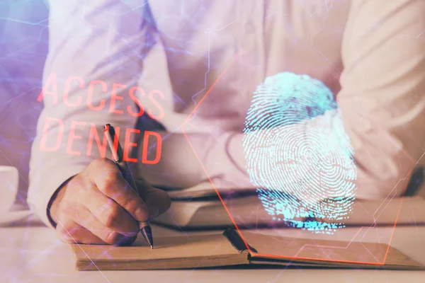 Fingerabdruck-Scan bietet sicheren Zugriff mit biometrischer Identifikation, Konzept der Zukunft der Sicherheit und Passwortkontrolle durch fortschrittliche Technologie. Doppelbelastung. — Stockfoto