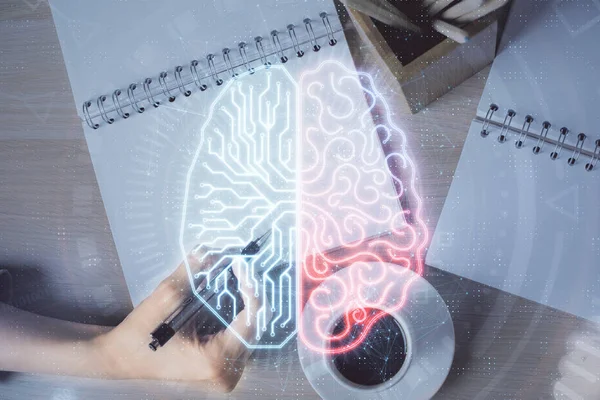 Arka plana beyin hologramıyla el yazısı yazan kadınların çoklu pozları. Beyin fırtınası kavramı. — Stok fotoğraf