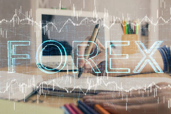 Financial forex graph displayed on hands taking notes background. Concept of research. Double exposure — Stock Photo, Image