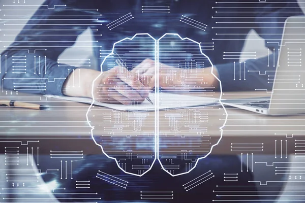 Brain multi exposure icon with man hands background. — Stock Photo, Image