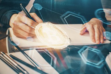 Şifreli para hologramı, kadınların el yazısı üzerine. Engelleme zinciri kavramı. Çoklu pozlama