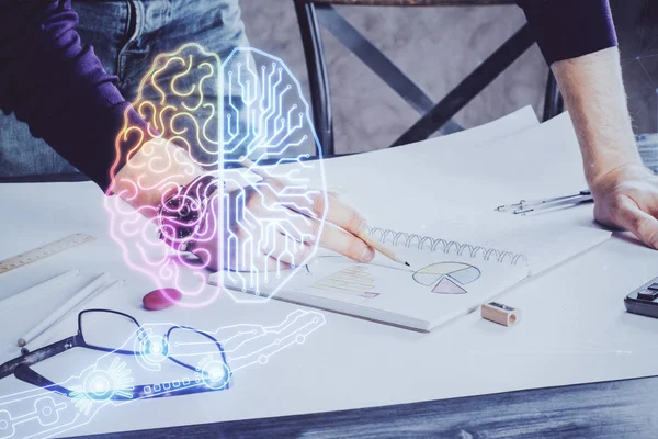 Çoklu pozlama beyin teması simgelerine sahip bir adam.
