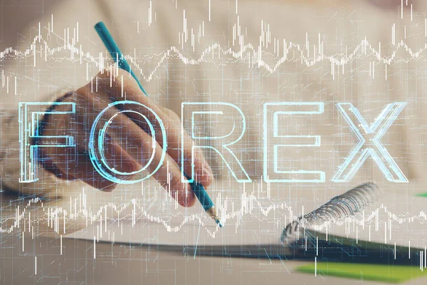 Gráfico forex financeiro exibido em mãos tomando notas de fundo. Conceito de pesquisa. Dupla exposição — Fotografia de Stock