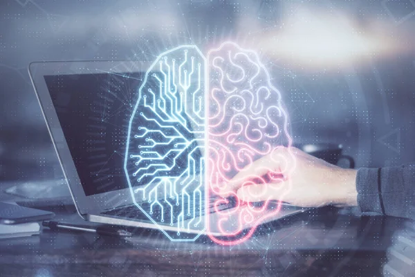 Muž píšící na pozadí klávesnice s mozkovým hologramem. Koncept velkého Data. Dvojitá expozice. — Stock fotografie