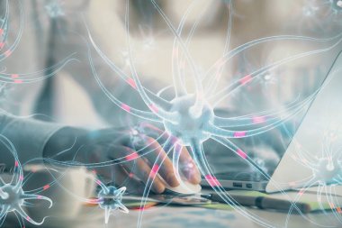 Nöron hologramı, arka planda bilgisayarla çalışan bir adam. Eğitim konsepti. Çift pozlama.