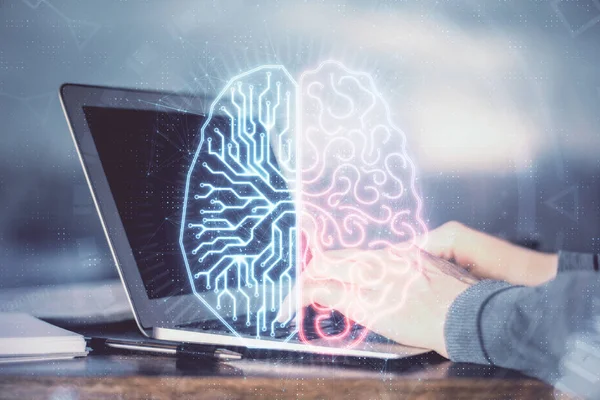Man typing on keyboard background with brain hologram. Concept of big Data. Double exposure. — Stock Photo, Image