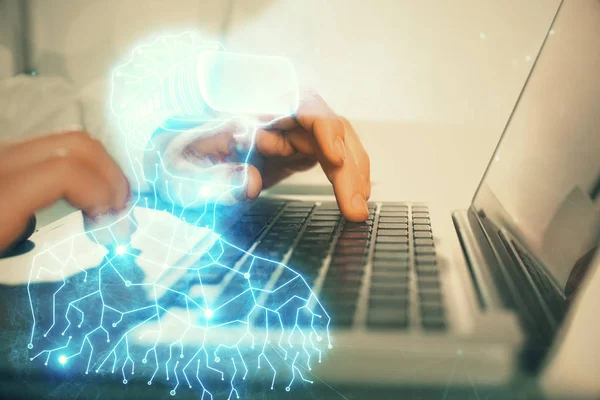 AR hologram met man die werkt op de computer op de achtergrond. Augmented reality concept. Dubbele blootstelling. — Stockfoto